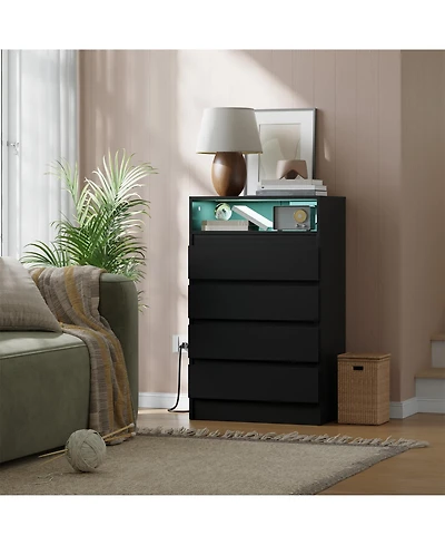 homfan Modern 4 Drawer Dresser with Usb Charging Station and Led Lights, Wide Storage Cabinet for Bedroom, Living Room, Power Outlet Included