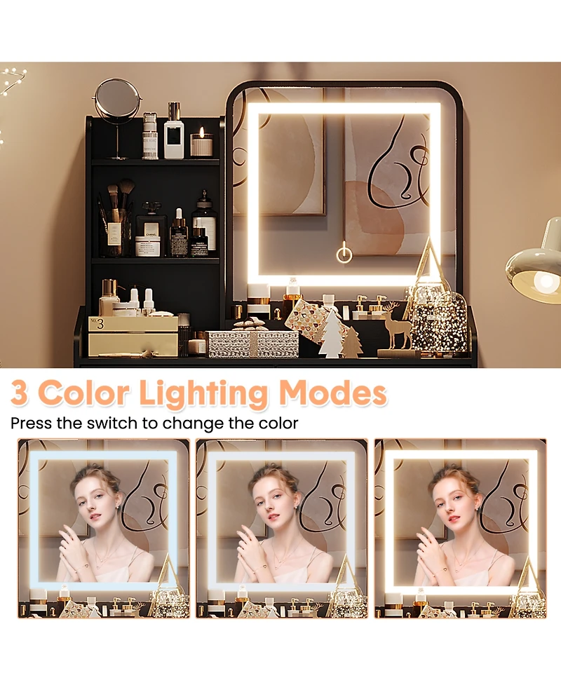 homfan Makeup Vanity Set with Lights, Small Desk with Upholstered Stool, Dressing Table with 2 Drawers and 3-Tier Shelves for Bedroom, 3 Light Modes