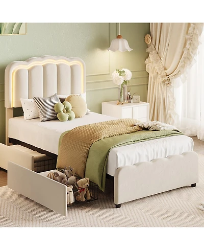 homfan Twin Size Upholstered Platform Bed Frame with Led Lights, Adjustable Headboard, 2 Storage Drawers, No Box Spring Needed, Easy Assembly