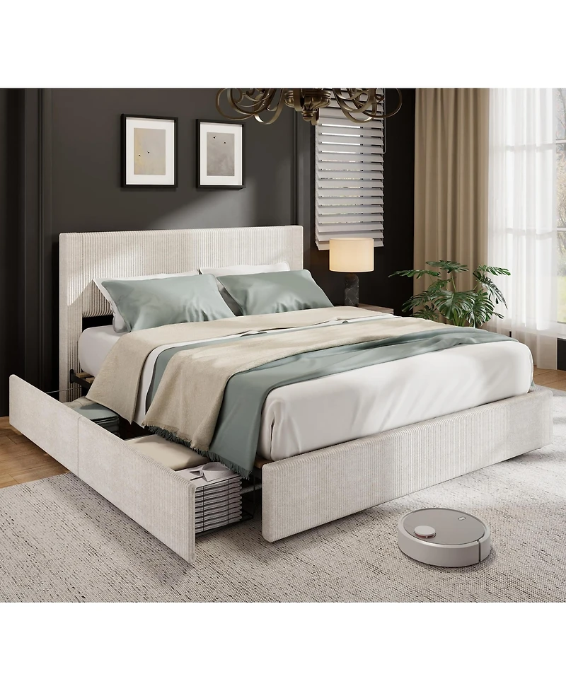 homfan Platform Bed Frame with 4 Storage Drawers, Corduroy Channel Tufted Headboard Bed Frame with Strong Wooden Slat Support, No Box Spring Needed