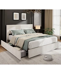 homfan Platform Bed Frame with 4 Storage Drawers, Corduroy Channel Tufted Headboard Bed Frame with Strong Wooden Slat Support, No Box Spring Needed