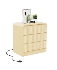homfan 23.6-Inch Fluted Nightstand with Charging Station and 3 Drawers, Warm Wood Finish