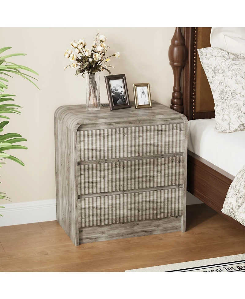 homfan 23.6-Inch Fluted Nightstand with Charging Station and 3 Drawers