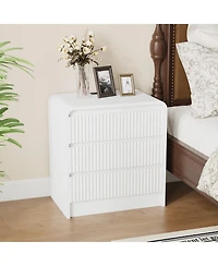 homfan 23.6-Inch White Fluted Nightstand with Charging Station and 3 Drawers