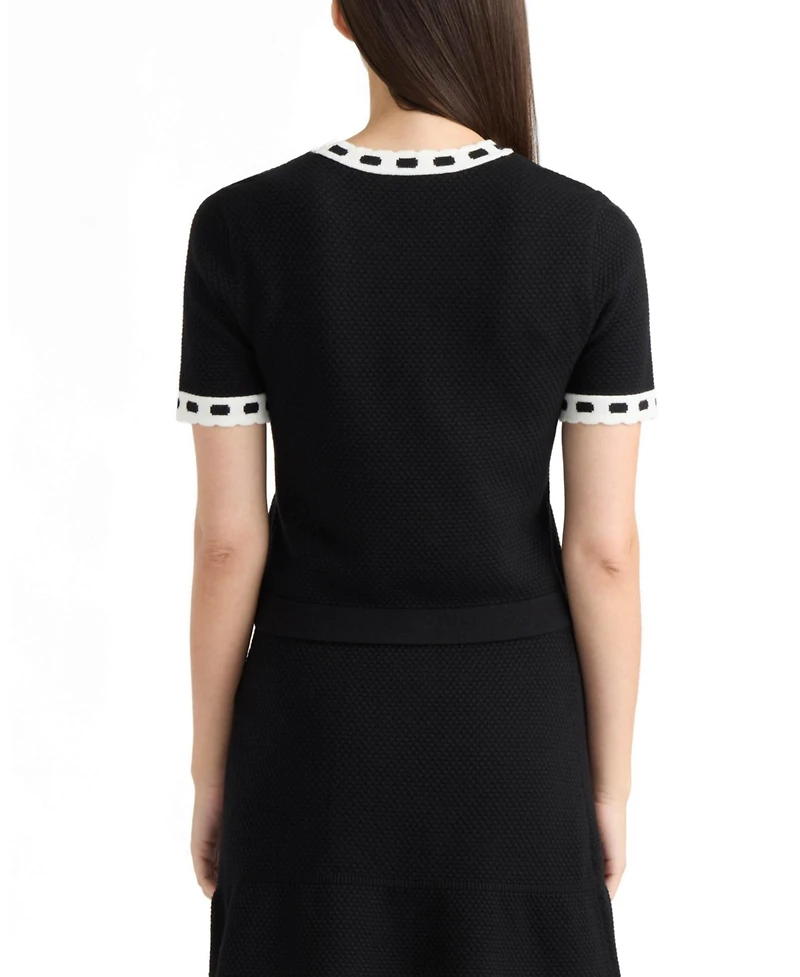 Ellen Tracy Women's Honeycomb-Stitch Contrast-Trim Short-Sleeve Sweater
