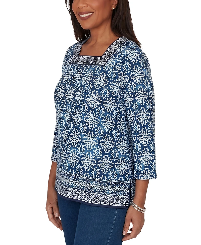 Alfred Dunner Women's Batik Tile Square Neck Top