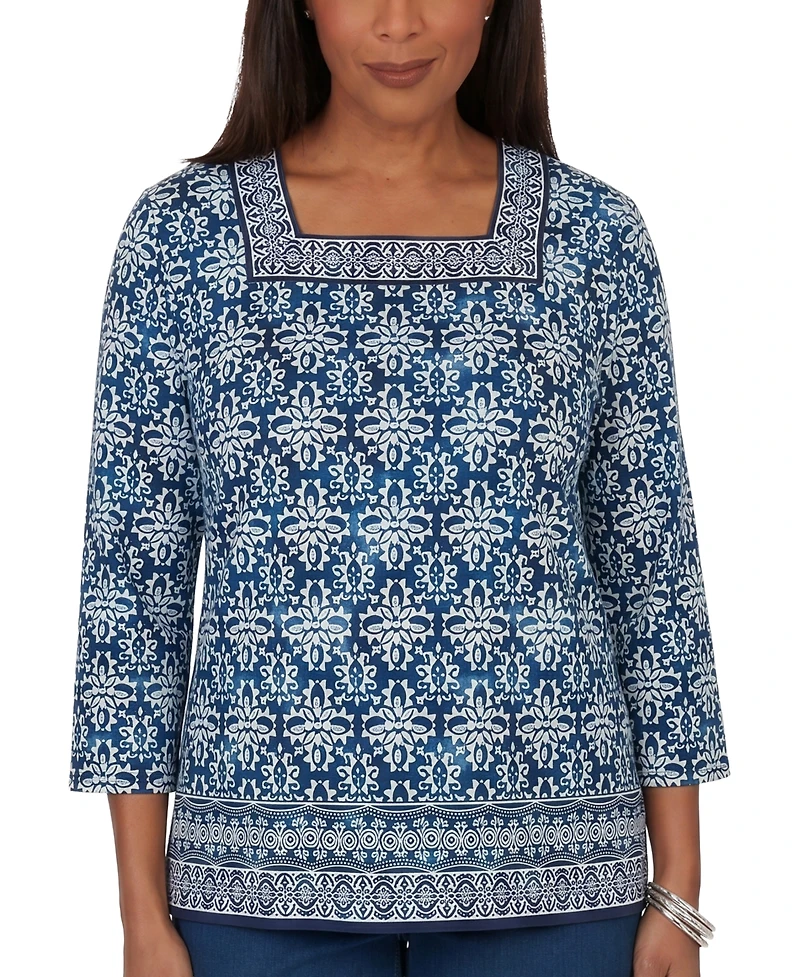 Alfred Dunner Women's Batik Tile Square Neck Top