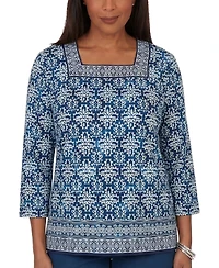 Alfred Dunner Women's Batik Tile Square Neck Top