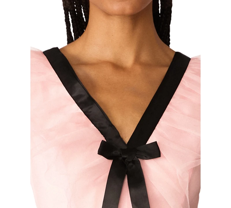 Betsey Johnson Juniors' Cascading Tulle Contrast Bow V-Neck Maxi Dress