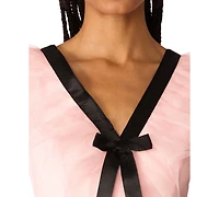 Betsey Johnson Juniors' Cascading Tulle Contrast Bow V-Neck Maxi Dress