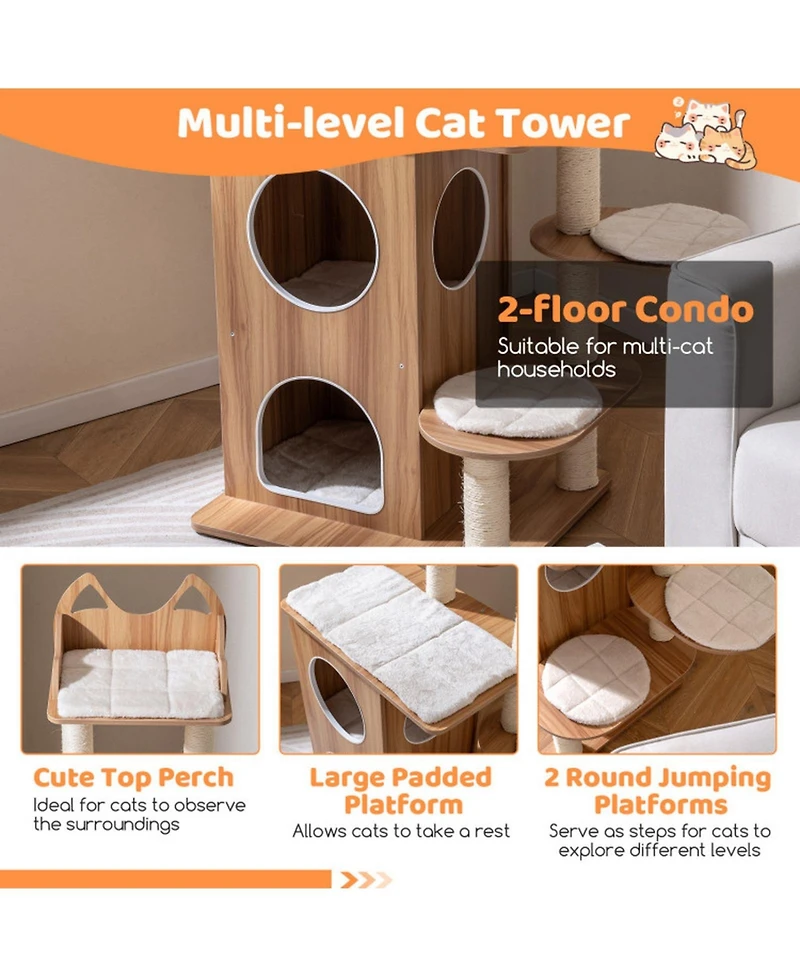 Hongge 48 Inch Wooden Cat Tree with 2-Floor Condo Cat-Head Perch and Sisal Posts
