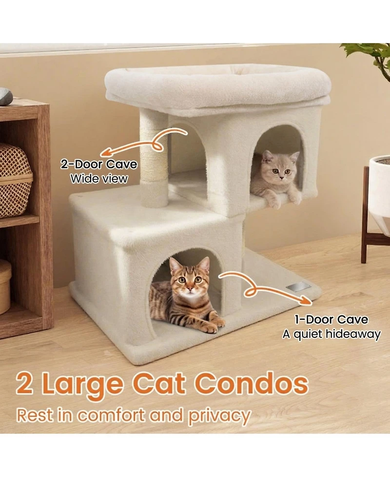 Hongge Space-Saving Modern Cat Tree with Upholstered Perch 2 Condos and Sisal Posts