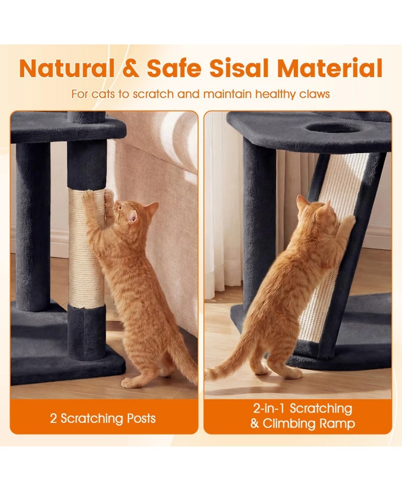 Hongge 44 Inch Kitten Tower with Central Condo 2 Plush Perches and Sisal Scratching Posts