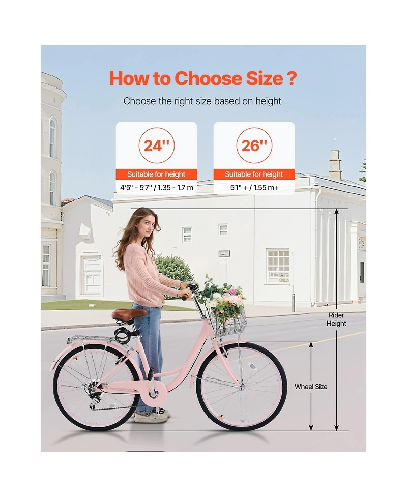 Sevorley 26 inch Pink Beach Cruiser Bike, 7-Speed with Basket and Rear Rack