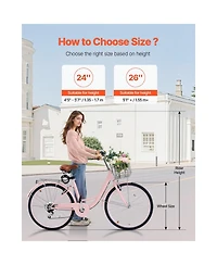 Sevorley 26 inch Pink Beach Cruiser Bike, 7-Speed with Basket and Rear Rack