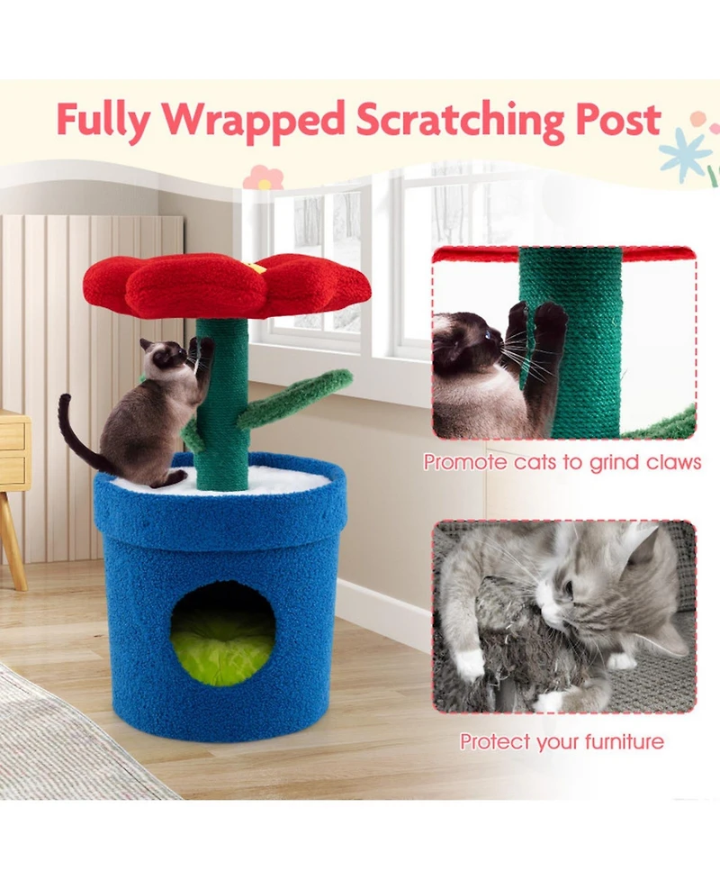 Hongge Potted Plant Cat Tree with Flower Padded Perch and Jute Scratching Posts