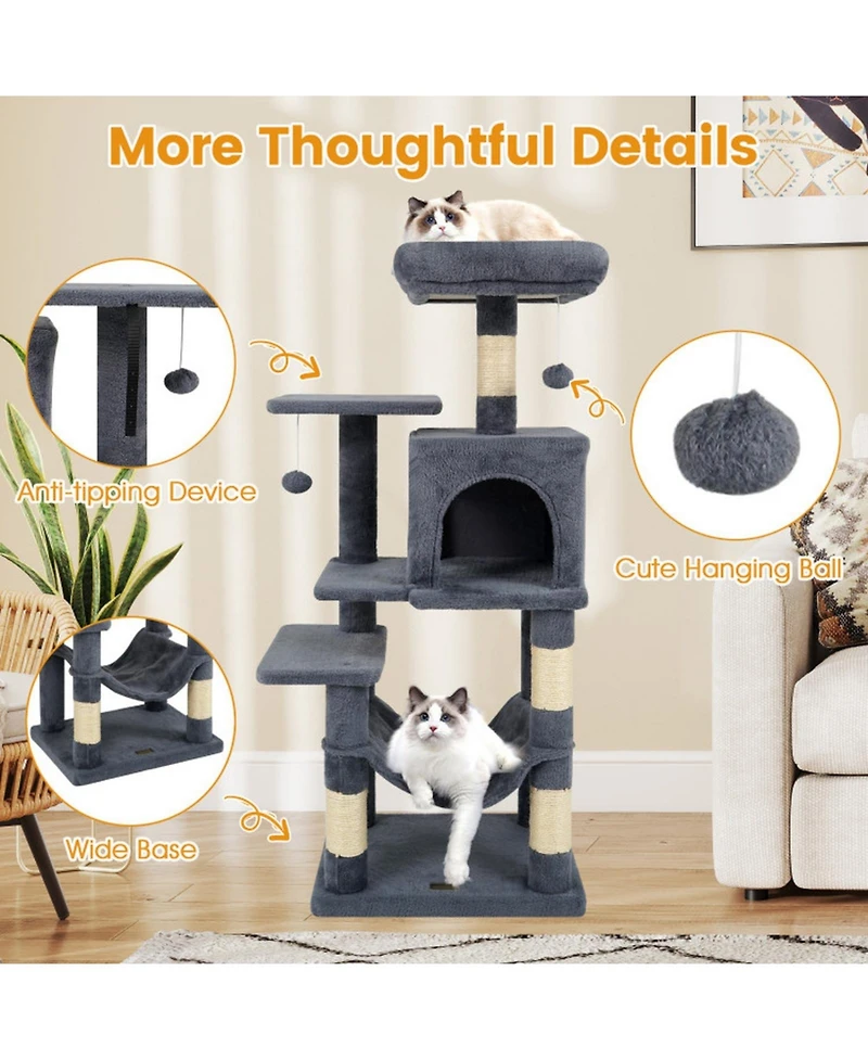 Hongge 44 Inch Multi-Level Cat Tower with 2-Door Condo Padded Perch Hammock and Sisal Posts