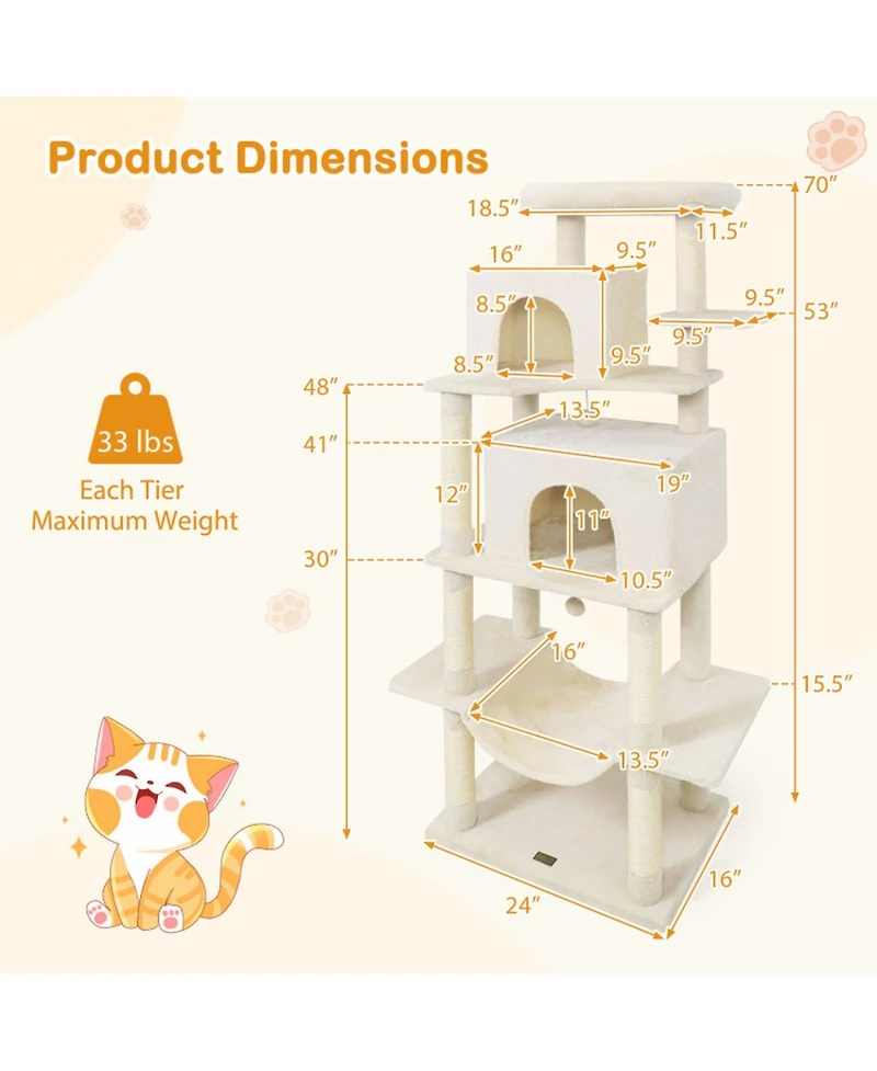 Hongge 70 Inch Large Cat Tree with Dual Condos Hammock and Sisal Scratching Posts