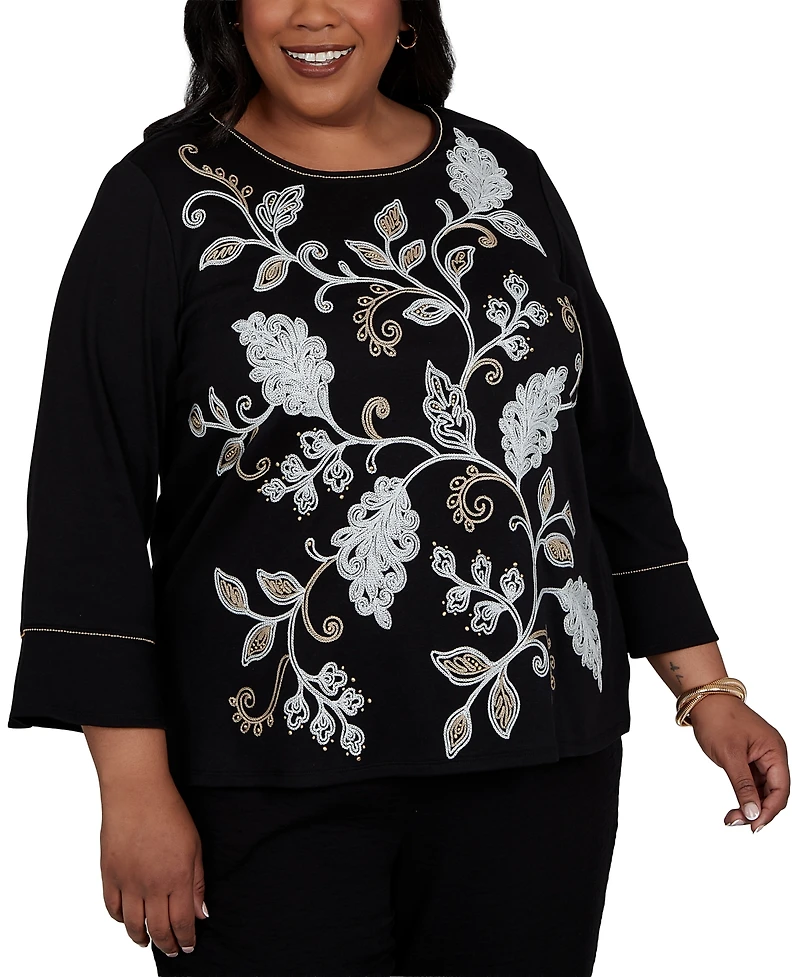 Alfred Dunner Plus Travel Advisory Scroll Leaf Embroidered Top