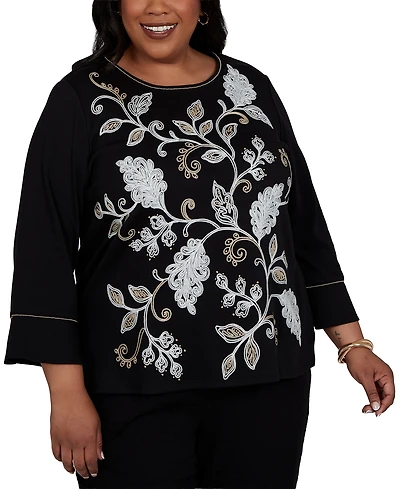 Alfred Dunner Plus Travel Advisory Scroll Leaf Embroidered Top