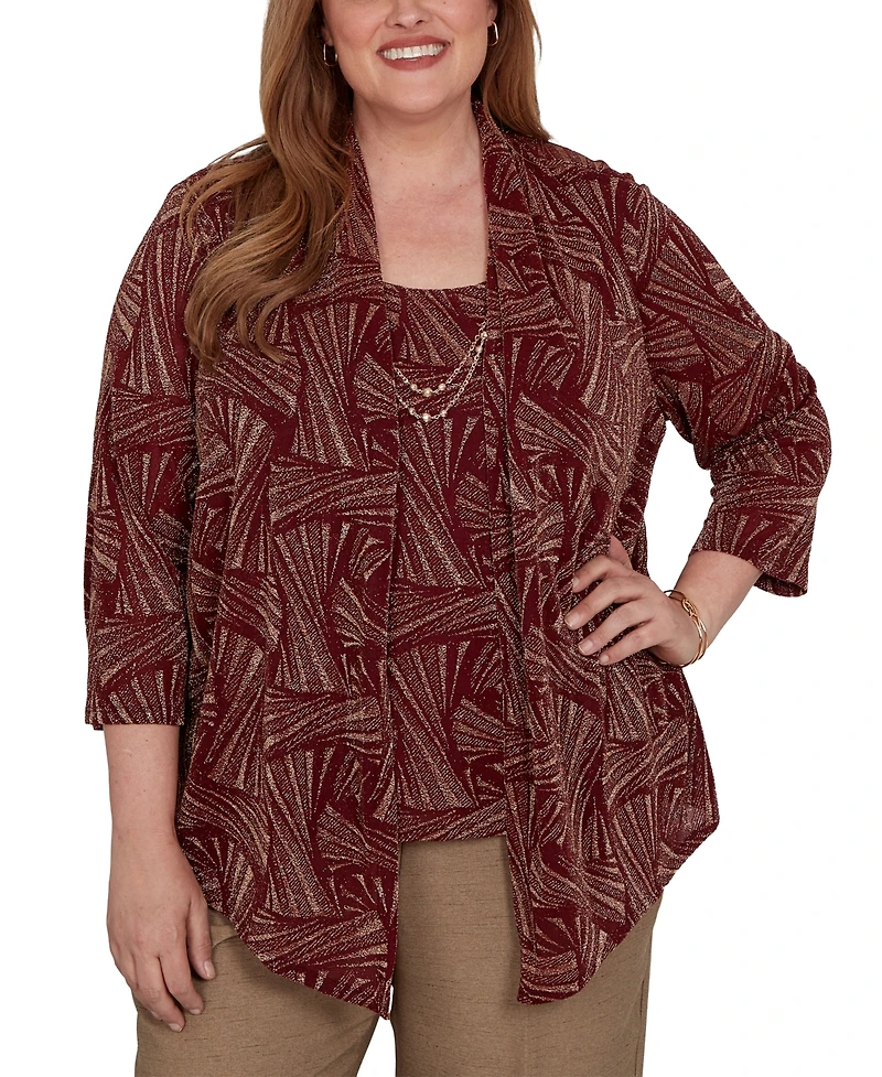 Alfred Dunner Plus Union Square Shimmer Abstract Two One Top with Necklace