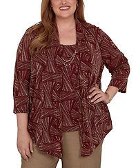Alfred Dunner Plus Union Square Shimmer Abstract Two One Top with Necklace