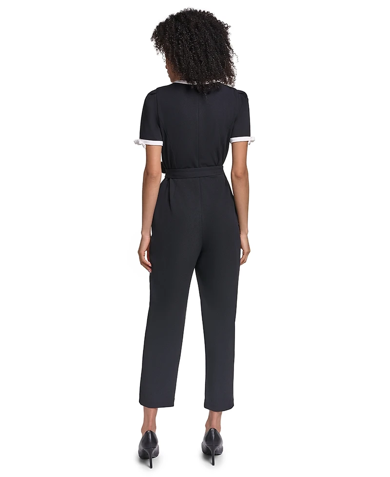 Karl Lagerfeld Paris Women's Scuba Crepe Jumpsuit Self Tie And Contrast Collar Sleeve Trim