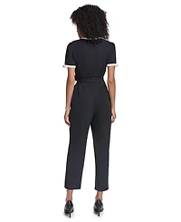 Karl Lagerfeld Paris Women's Scuba Crepe Jumpsuit Self Tie And Contrast Collar Sleeve Trim