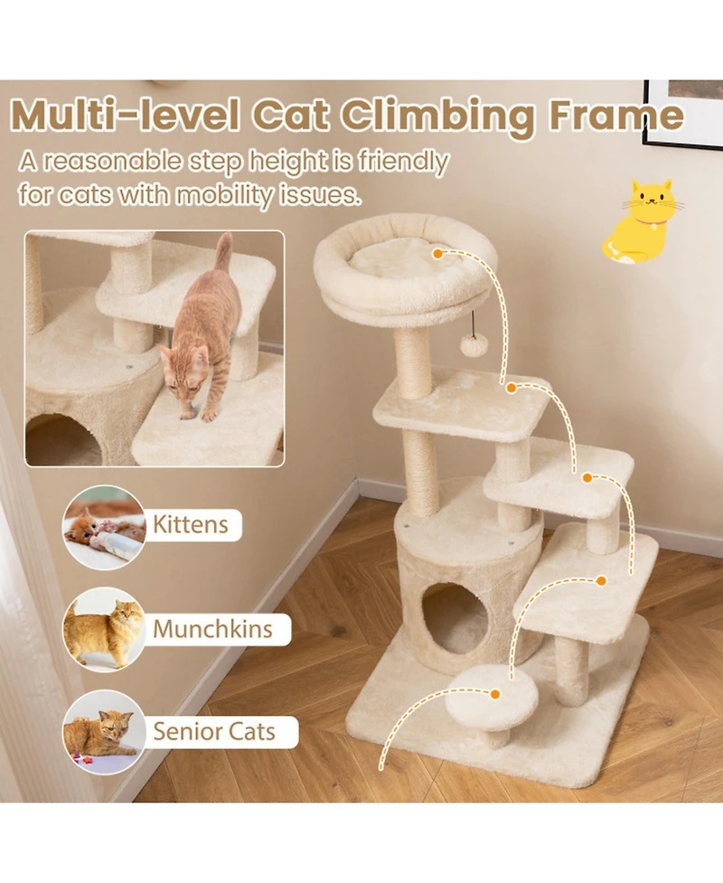 Hongge 40 Inch Multi-Level Cat Tower with Sisal Posts Hideaway Condo and Jingle Ball