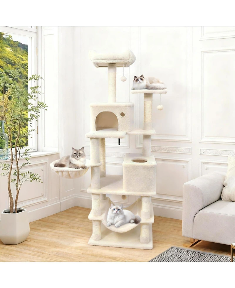 Hongge 66 Inch Cat Tree with 2 Condos Hammock Basket and Sisal Scratching Posts