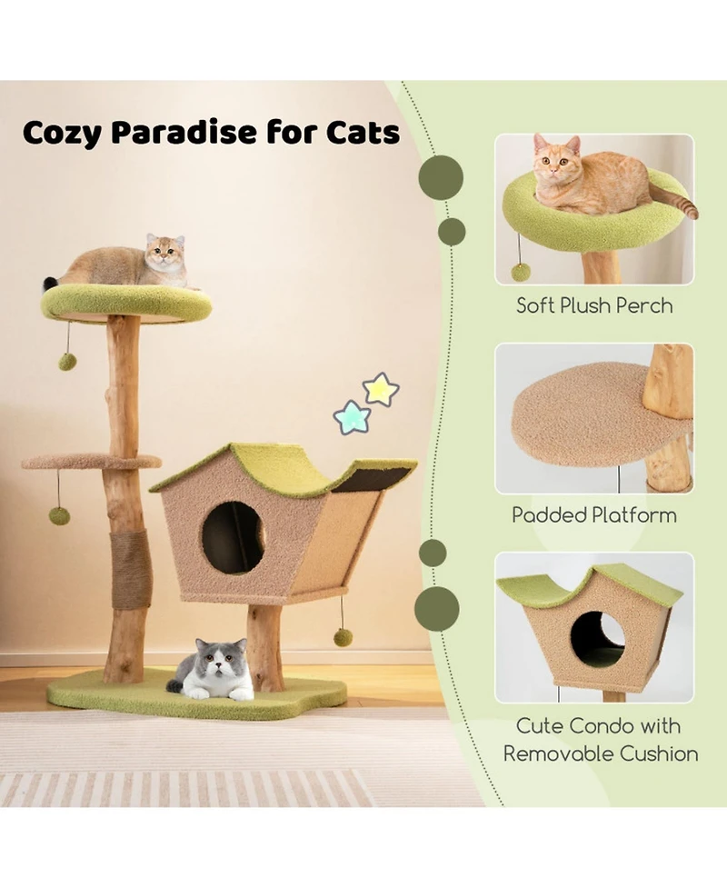 Hongge 43 Inch Wooden Cat Tree with Padded Top Perch Vented Condo and Jute Scratching Posts
