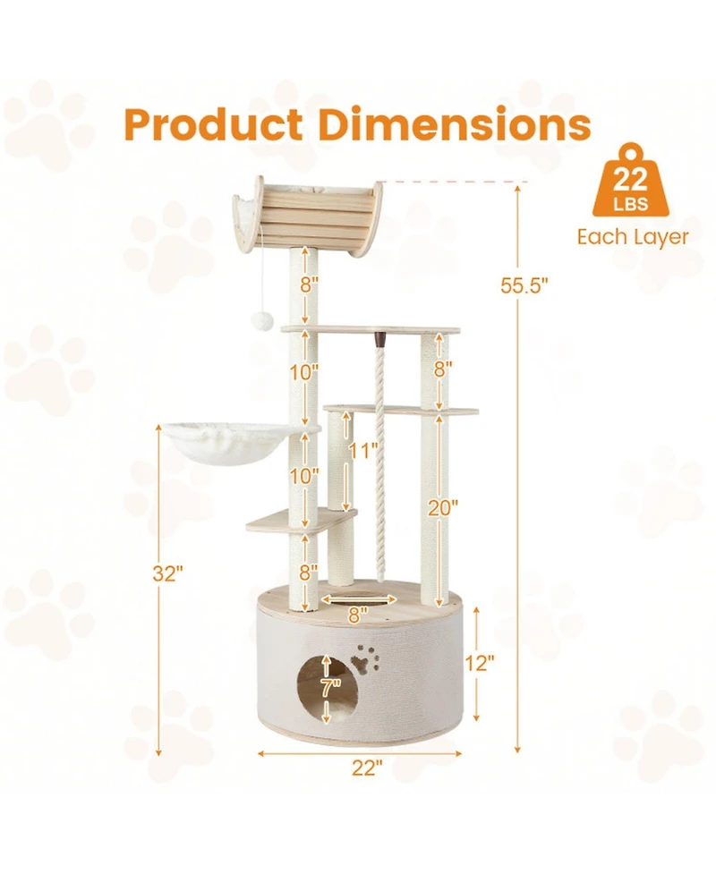 Hongge 55 Inch Wooden Cat Tree with Arched Perch Condo Cozy Basket and Hammock