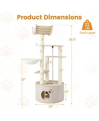 Hongge 55 Inch Wooden Cat Tree with Arched Perch Condo Cozy Basket and Hammock