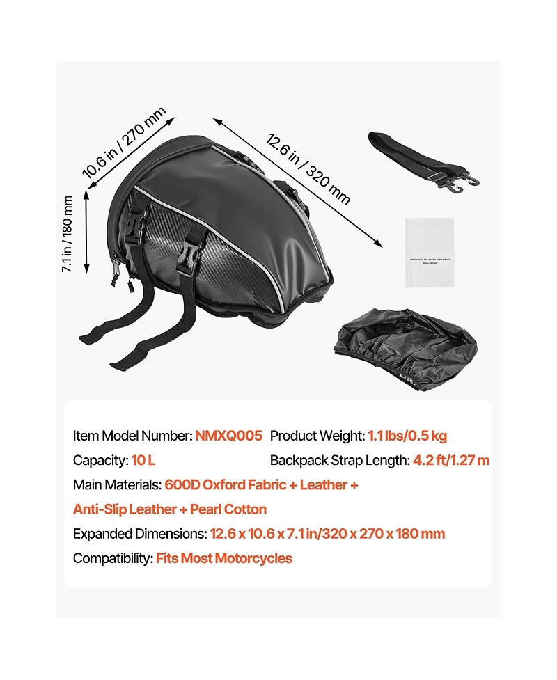 Sevorley Motorcycle Tail Bag, 10 L Rear Seat Luggage with Waterproof Rain Cover and Shoulder Strap