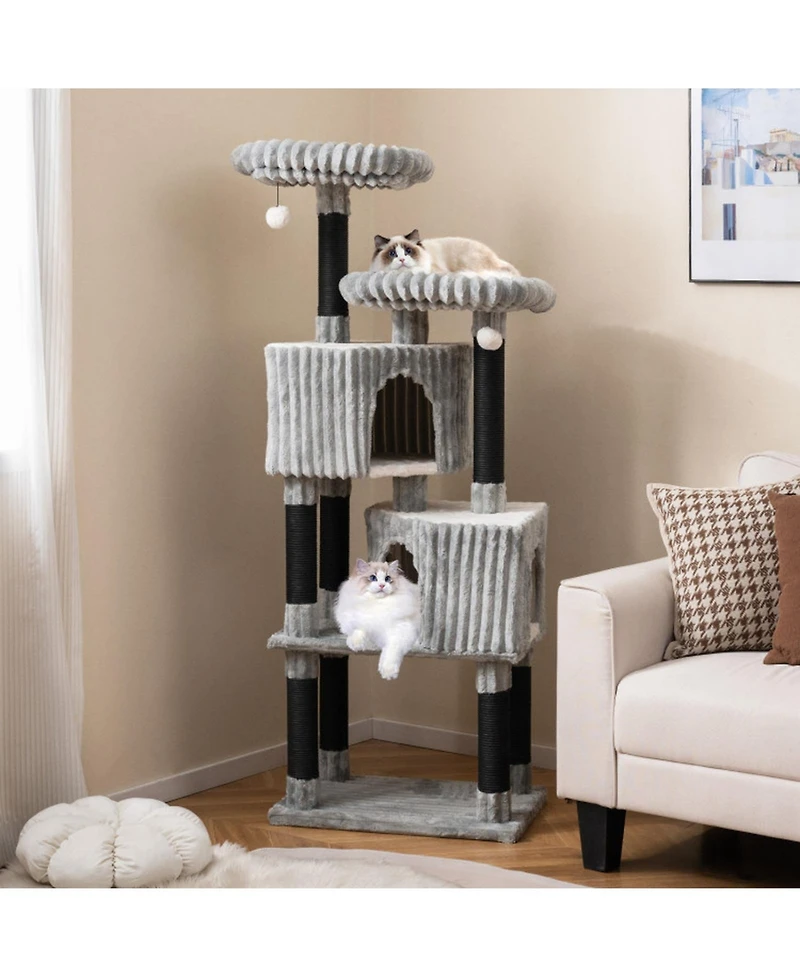Hongge 62 Inch Cat Tower with Dual Condos Washable Perch Beds and Soft Flannel Covering