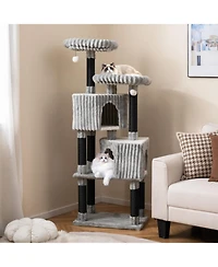 Hongge 62 Inch Cat Tower with Dual Condos Washable Perch Beds and Soft Flannel Covering