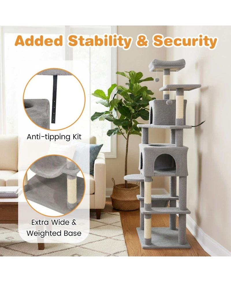 Hongge 58 Inch Modern Cat Tree with Upholstered Perch 2 Condos and Sisal Scratching Posts