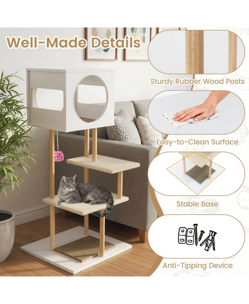 Hongge 40 Inch Wood Cat Tower with 2-Door Condo Corrugated Cardboard Scratchers and Fleece Perches