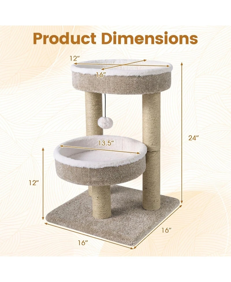 Hongge 24 Inch Cat Tower with 2 Plush Perches Jute Scratching Posts and Dangling Ball