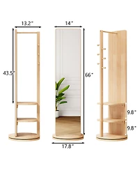 Busdays 66 x 17.8 Inch Natural Wood 360 Rotating Full-Length Mirror with Hook Storage Rack Coat Rack Solid Wood Floor Mirror for Bedroom Living Room