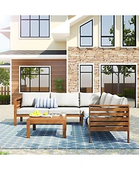 Asagikoiai 6-Piece Wood Outdoor Sectional Sofa Set, L-Shape Patio Conversation Set with Coffee Table