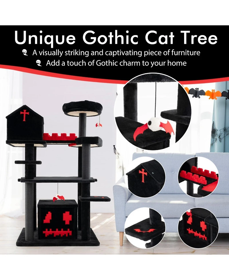 Hongge 49 Inch Gothic Cat Tree 6-Tier Cat Tower with Coffin Bed and Church Condo for Large Cats
