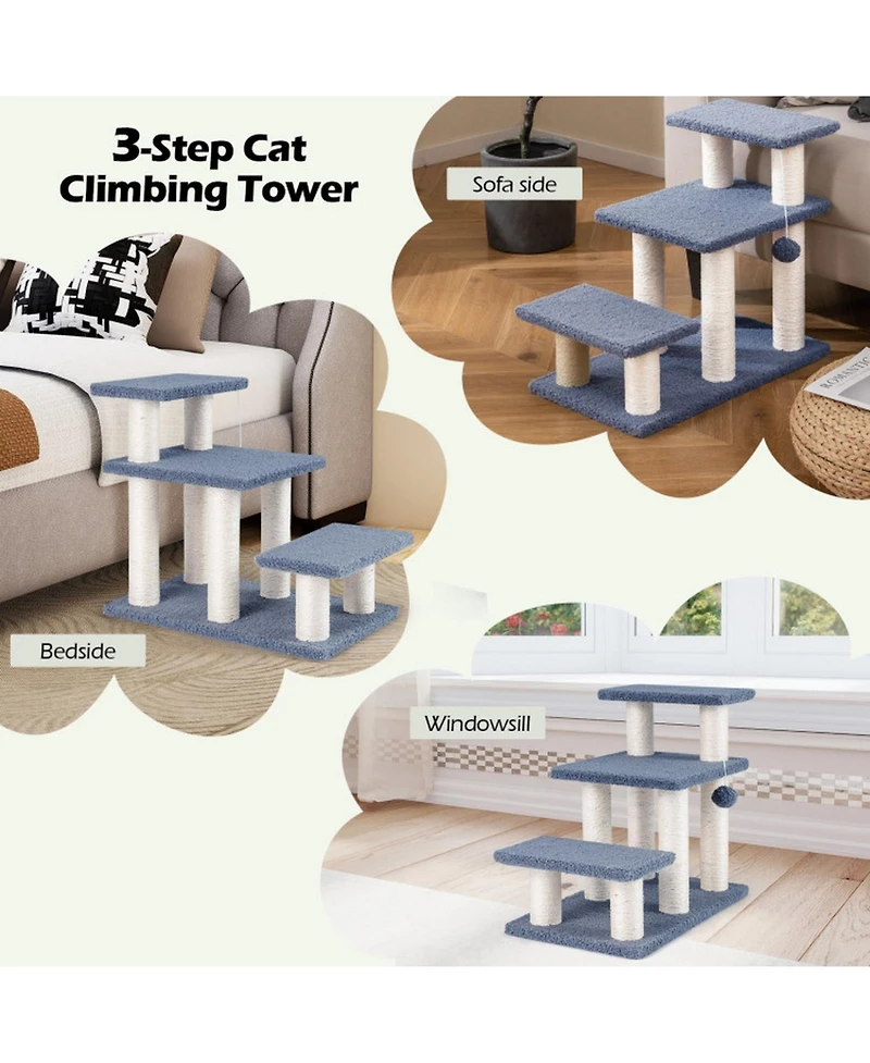 Hongge 3-Tier 20 Inch Cat Stairs with Sisal Scratching Posts and Hanging Toy Ball