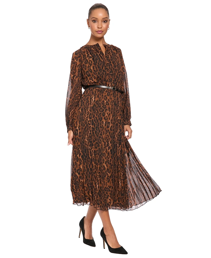 London Times Petite Belted Pleated Skirt Chi Leopard-Print Long-Sleeve Dress
