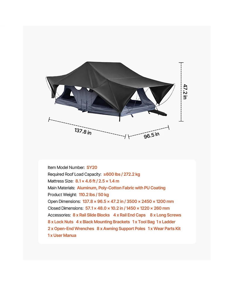 Sevorley Foldable Aluminum Rooftop Tent for 2-3 Person with Led Light, 10 Windows and Mattress
