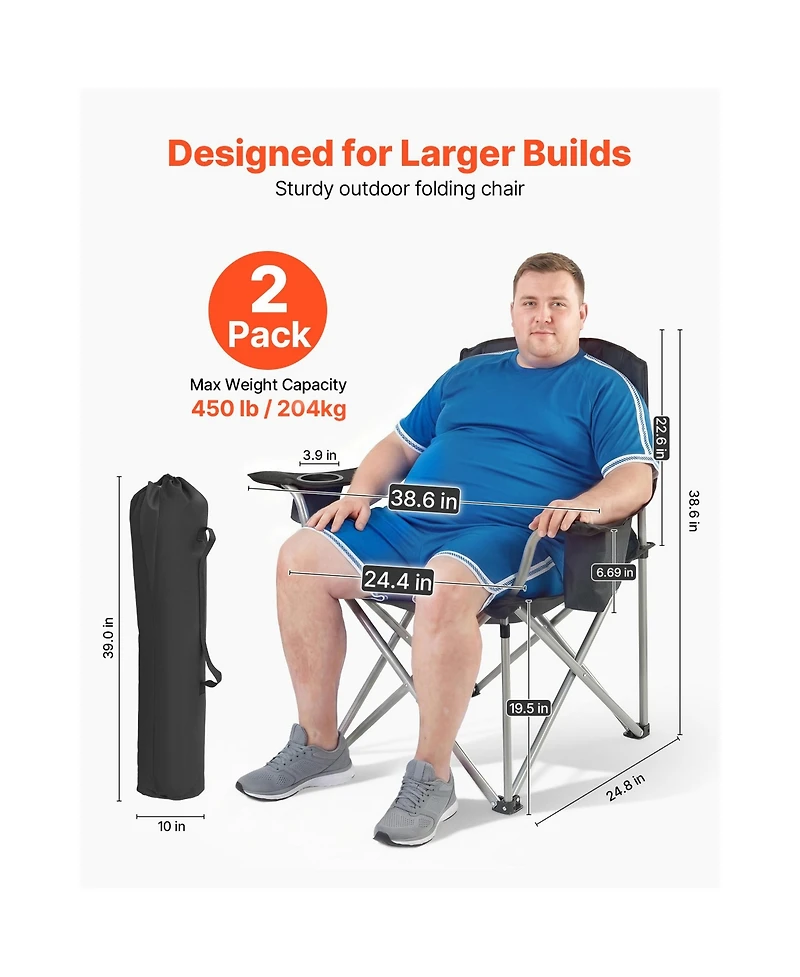 Sevorley Oversized Camping Chairs Set of 2 with Cooler Bag, Cup Holder and Side Pocket, 450 lb Capacity