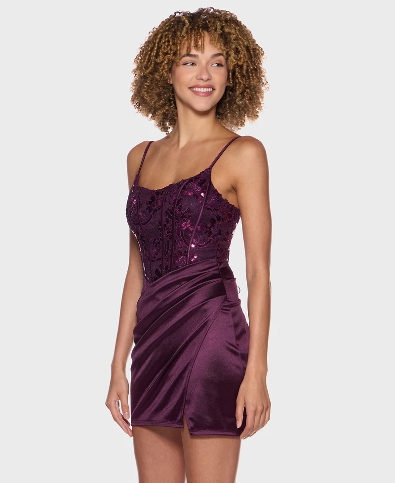 B Darlin Juniors' Scoop-Neck Satin-Knit Corset Bodice Dress