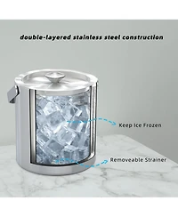Piscifun Stainless Steel Double Wall Insulated Ice Bucket with Strainer Tongs Lid for Parties Home Bar
