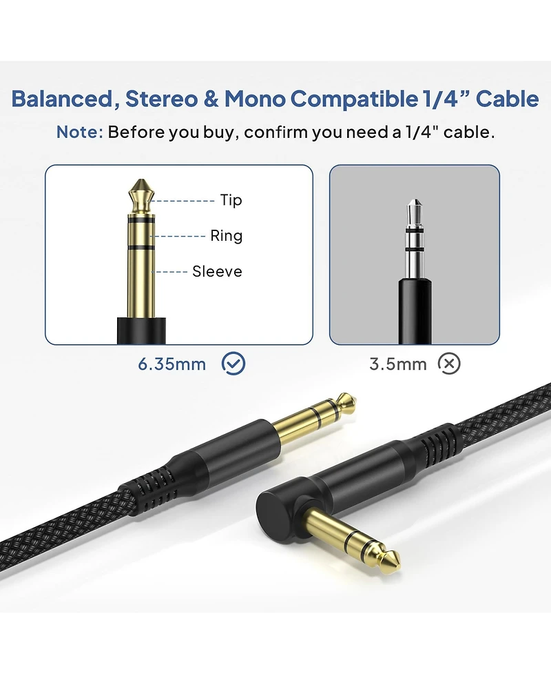 Lofree Right Angle To Straight Guitar Audio Cable 2 Pack Balanced Trs Nylon Braided