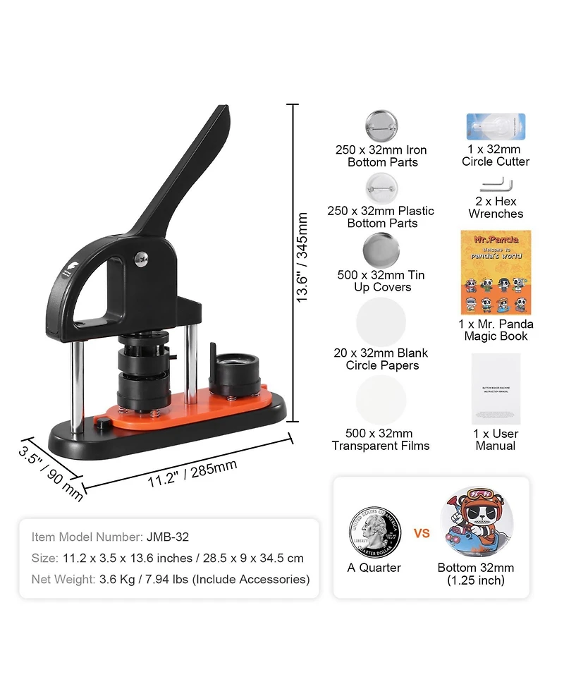 Sevorley 1.25-Inch Button Maker Machine, 32 mm Pin Press Kit with 500 Parts, Ergonomic Handle, and Magic Book